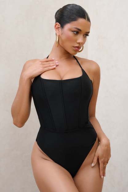 After Sun Black Corset Halter Swimsuit-Fashionmomo.All Rights Reserved