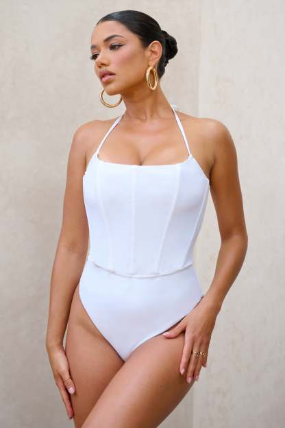 After Sun White Corset Halter Swimsuit-Fashionmomo.All Rights Reserved