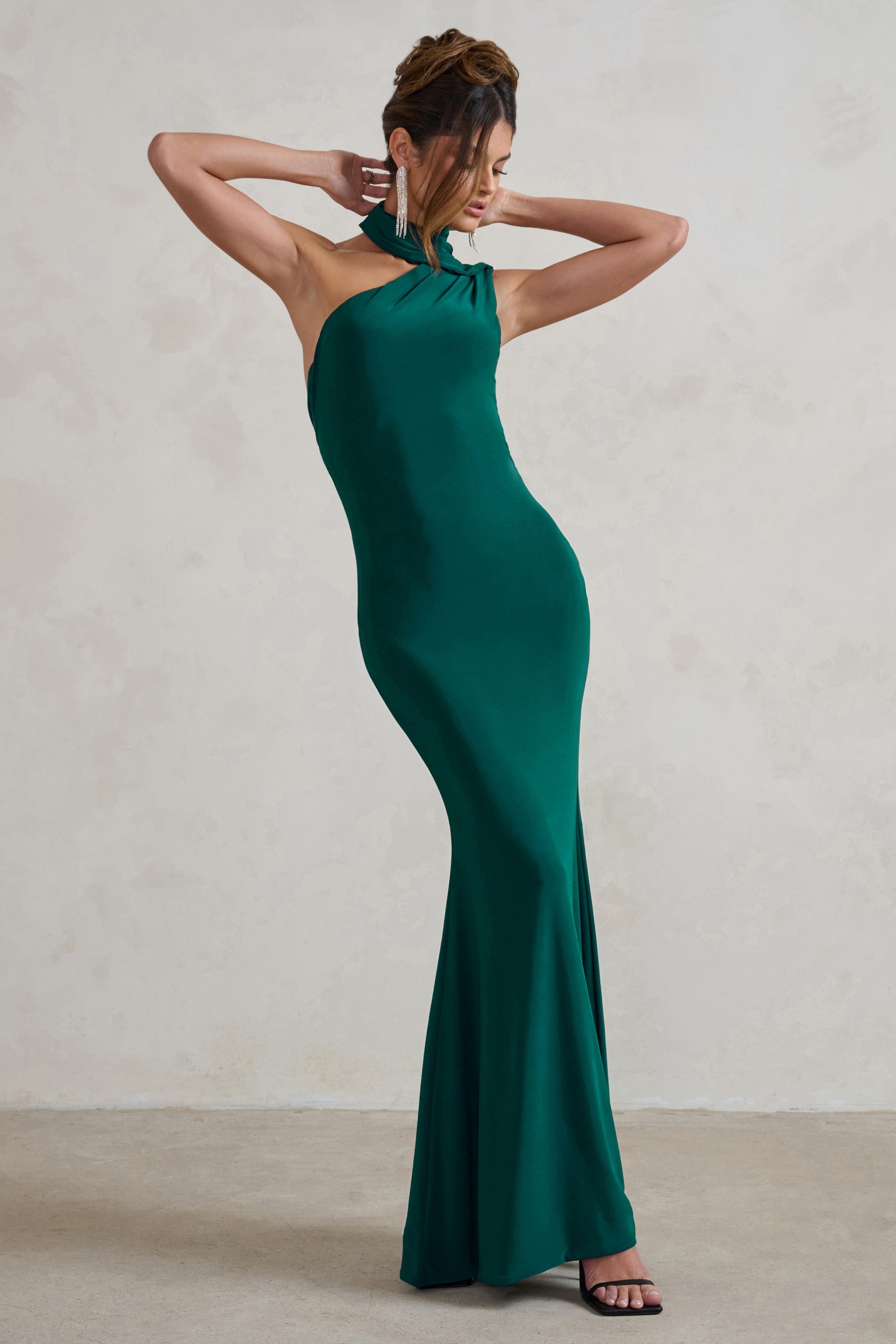 Capucine Bottle Green Asymmetric Draped Maxi Dress-Fashionmomo.All Rights Reserved