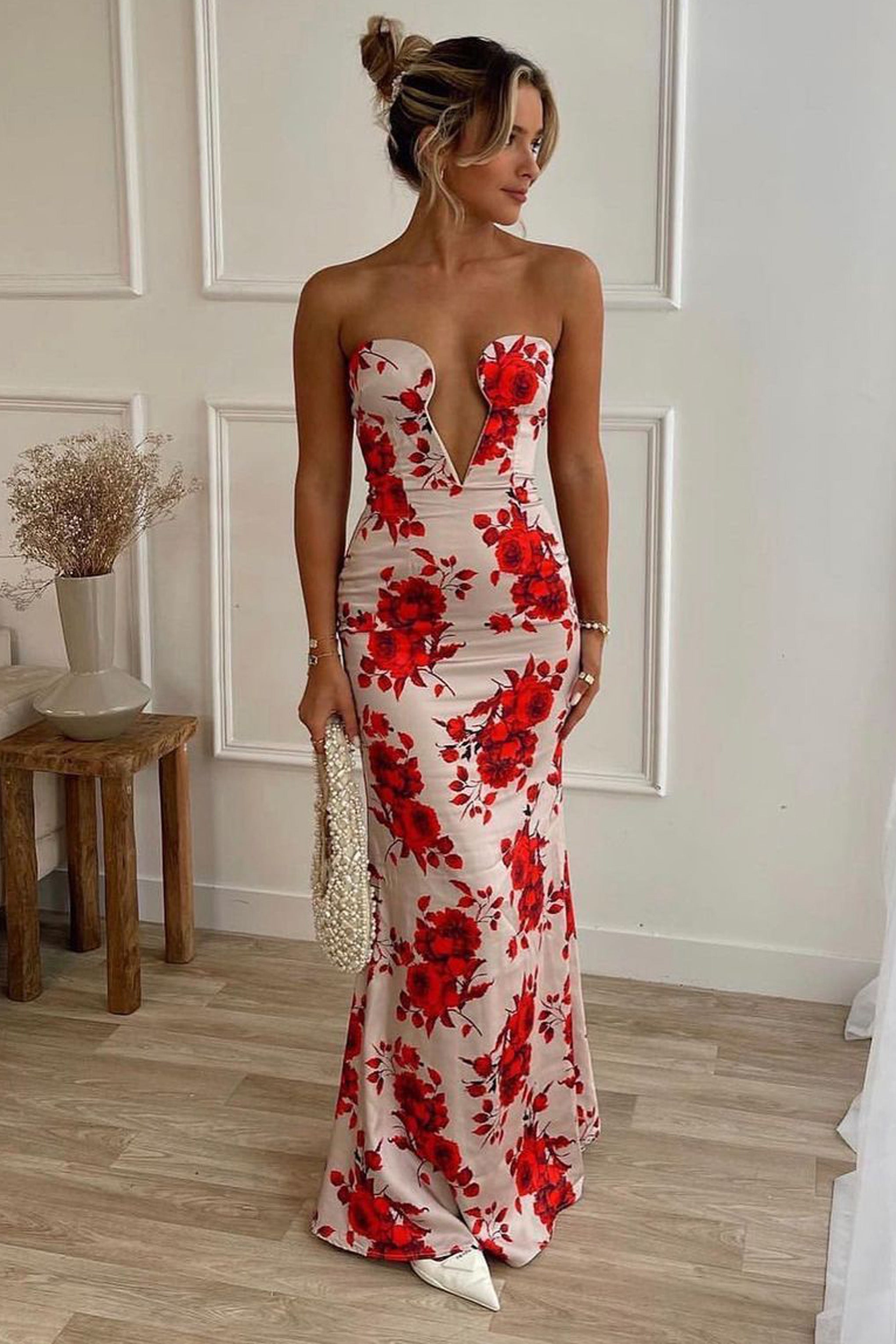 Esme Champagne Floral Print Satin Fishtail Maxi Dress-Fashionmomo.All Rights Reserved