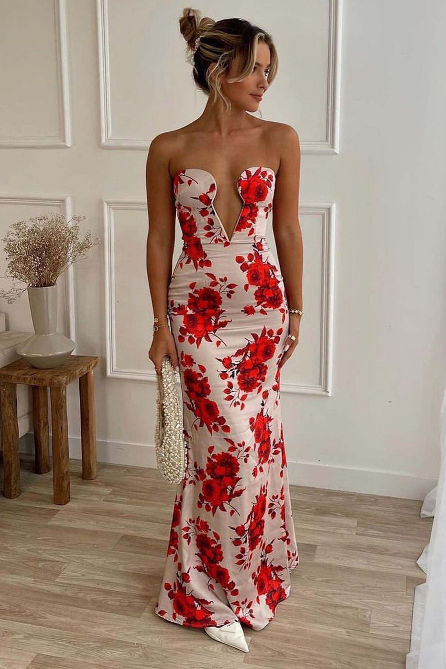 Esme Champagne Floral Print Satin Fishtail Maxi Dress-Fashionmomo.All Rights Reserved