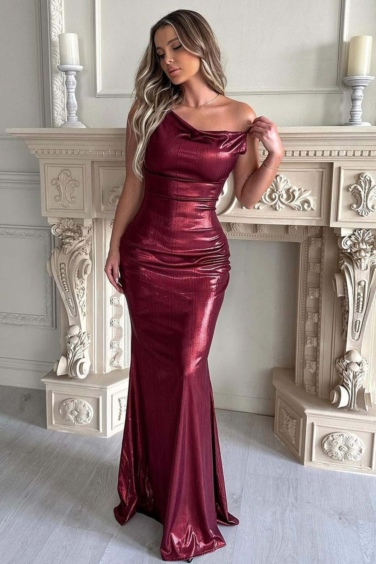 Galaxy Shimmer Burgundy Bias Cut Cowl Front Maxi Dress-Fashionmomo.All Rights Reserved
