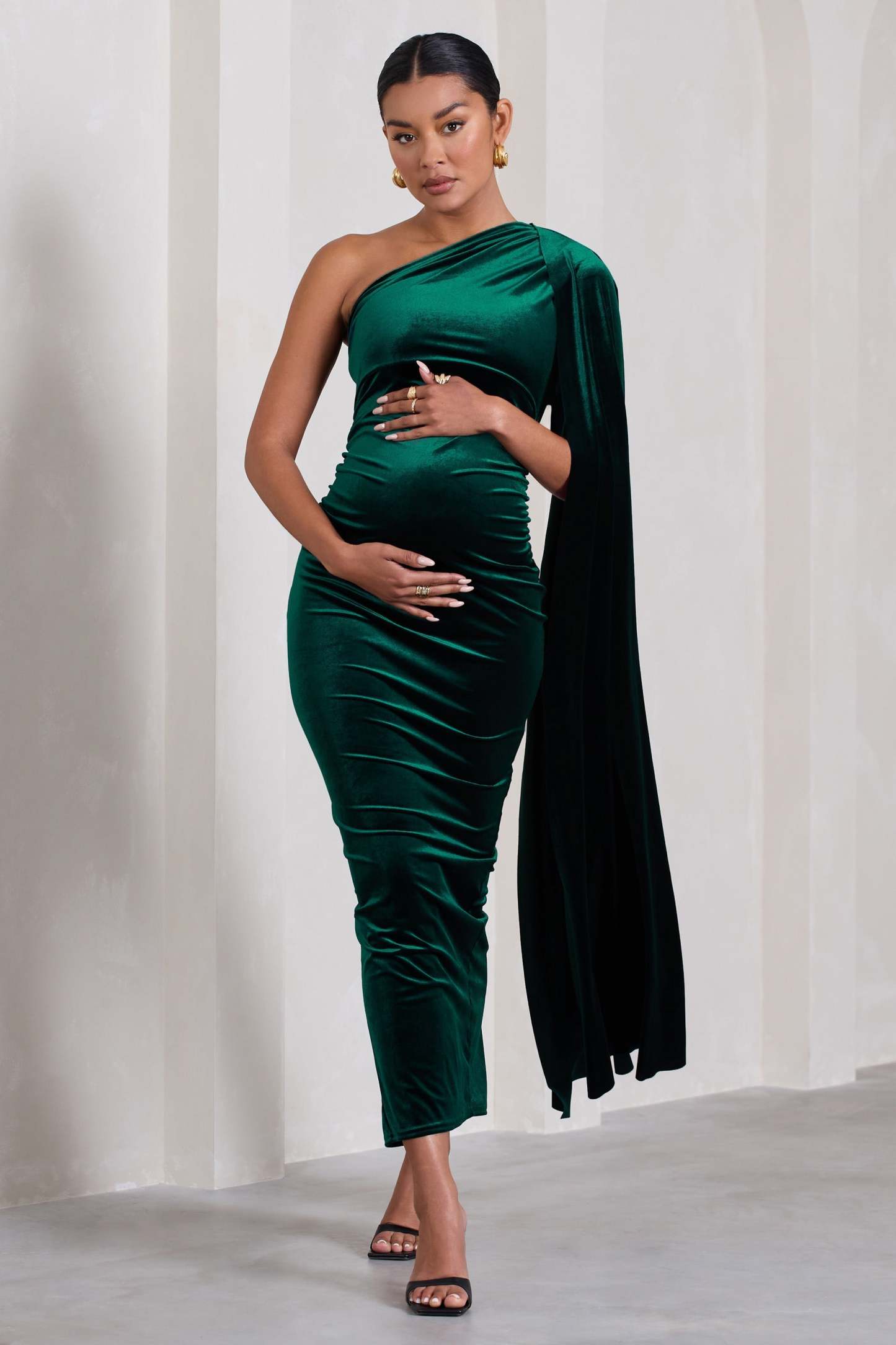 Amaryllis Bottle Green Velvet Maternity One Shoulder Maxi Dress with Cape Sleeve-Fashionmomo.All Rights Reserved