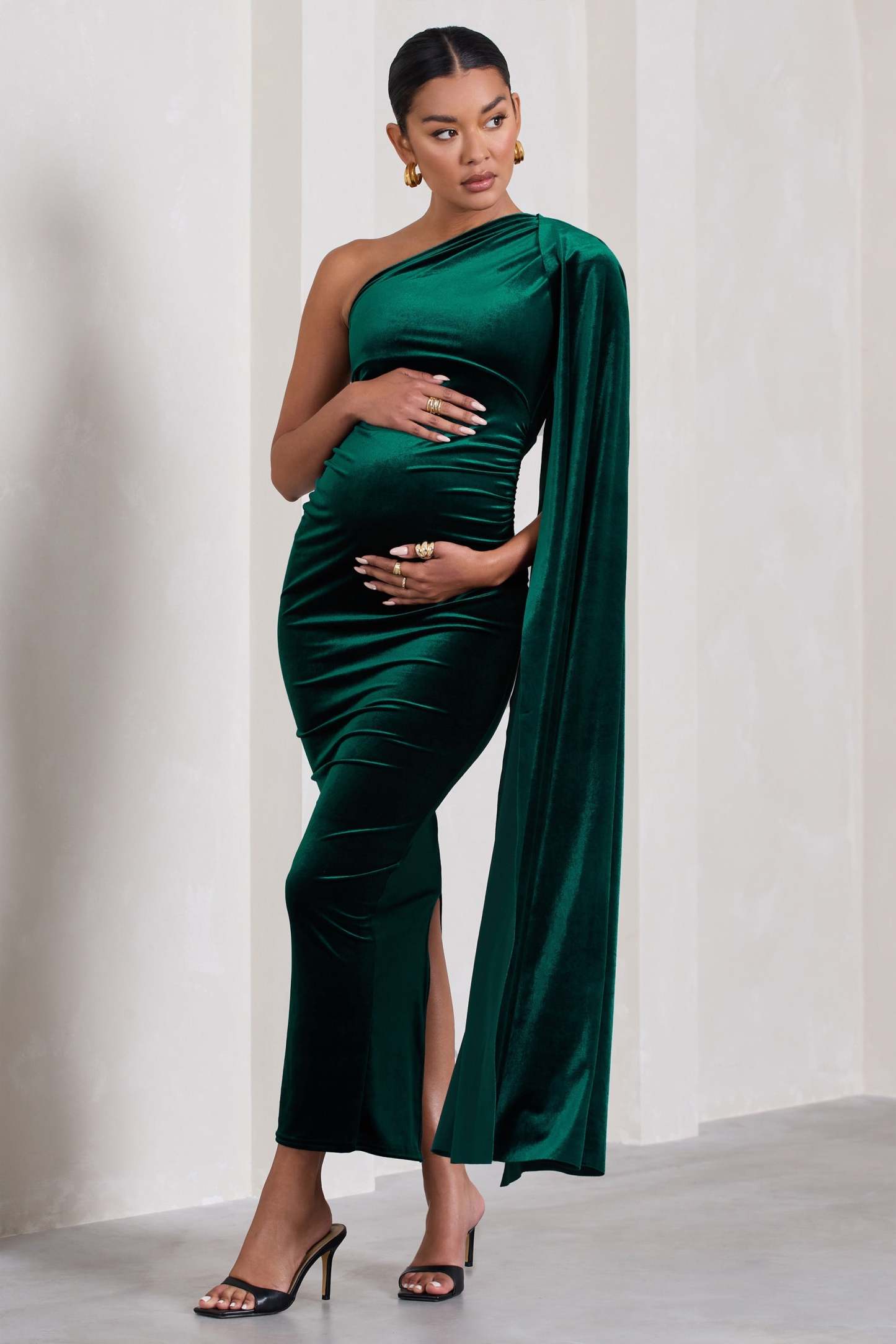 Amaryllis Bottle Green Velvet Maternity One Shoulder Maxi Dress with Cape Sleeve-Fashionmomo.All Rights Reserved