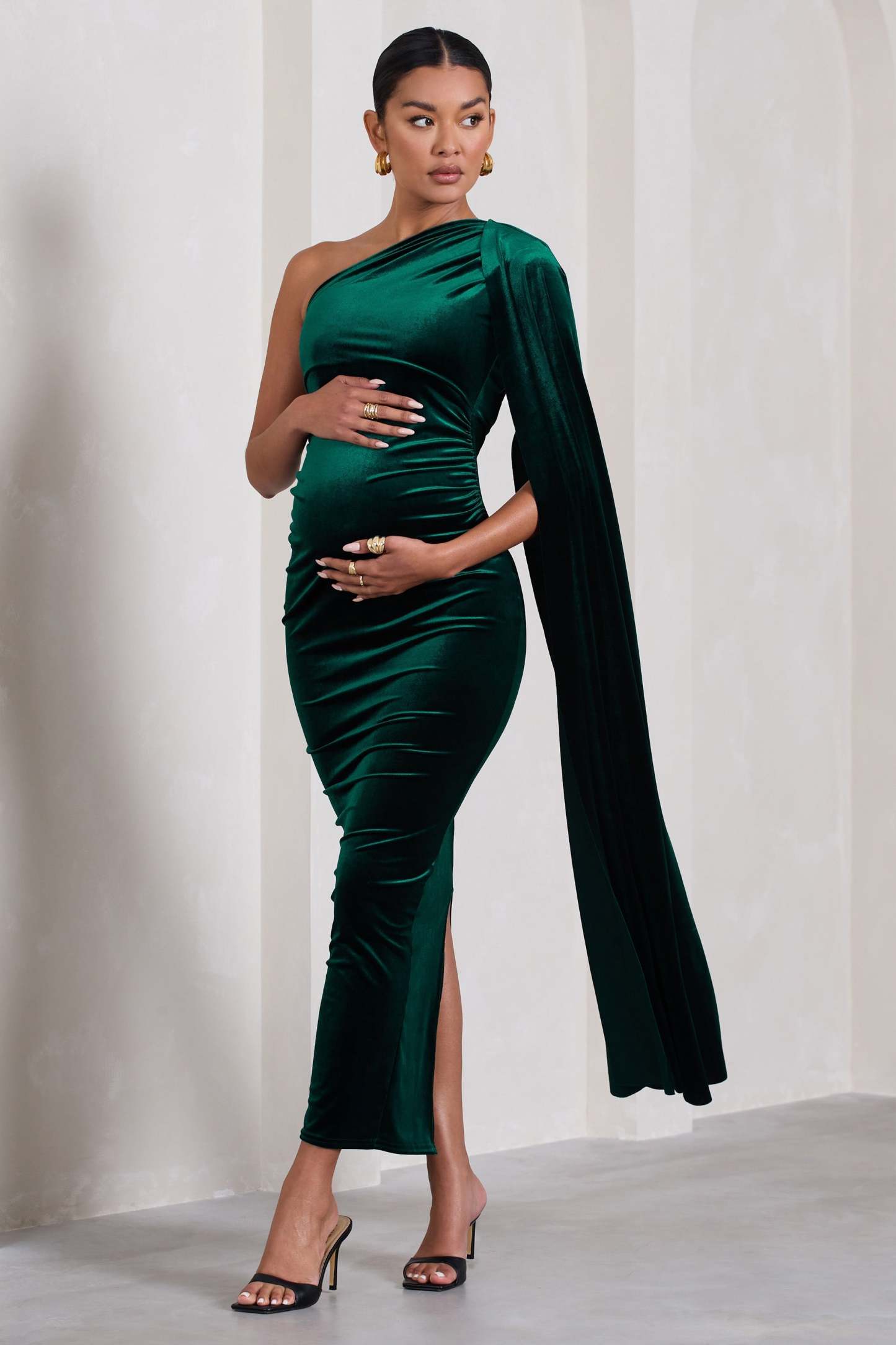 Amaryllis Bottle Green Velvet Maternity One Shoulder Maxi Dress with Cape Sleeve-Fashionmomo.All Rights Reserved