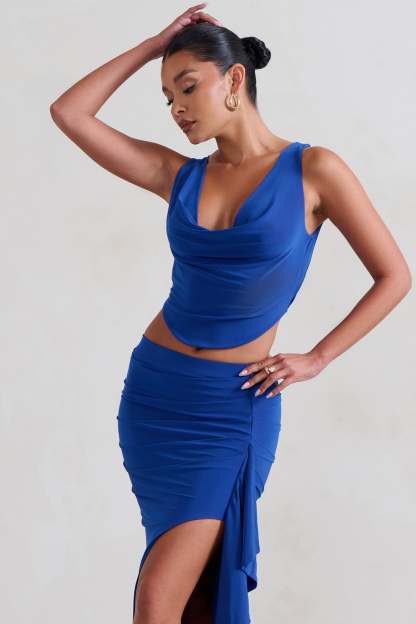 Femme Classique Blue Cowl Crop Top-Fashionmomo.All Rights Reserved