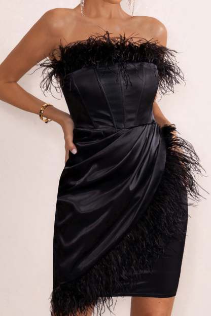 Forever High Black Bandeau Wrap Front Mini Dress With Feather Trim-Fashionmomo.All Rights Reserved