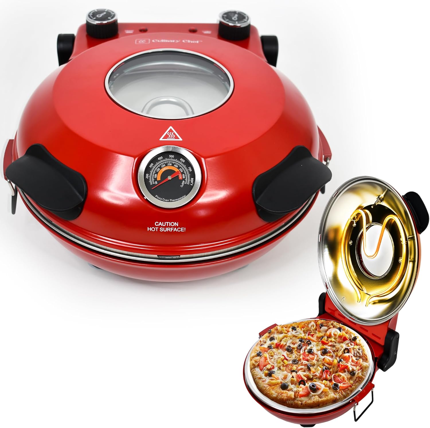 Electric Pizza Oven with Ceramic Stone, Viewing Window, Adjustable Heat Control, Timer and 1200W Baking Power, DIY Homemade Pizzeria, Large 12” Pie Capacity (Black)