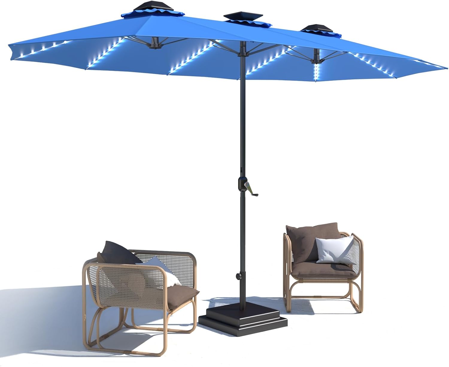 15ft Patio Umbrella with Solar Lights, Large Double Umbrella Outdoor, Rectangle 180''x106'' Umbrellas with 156 PCS LED Lights and Crank Handle for Backyard Deck Pool Shade in Black(1.9" Pole)