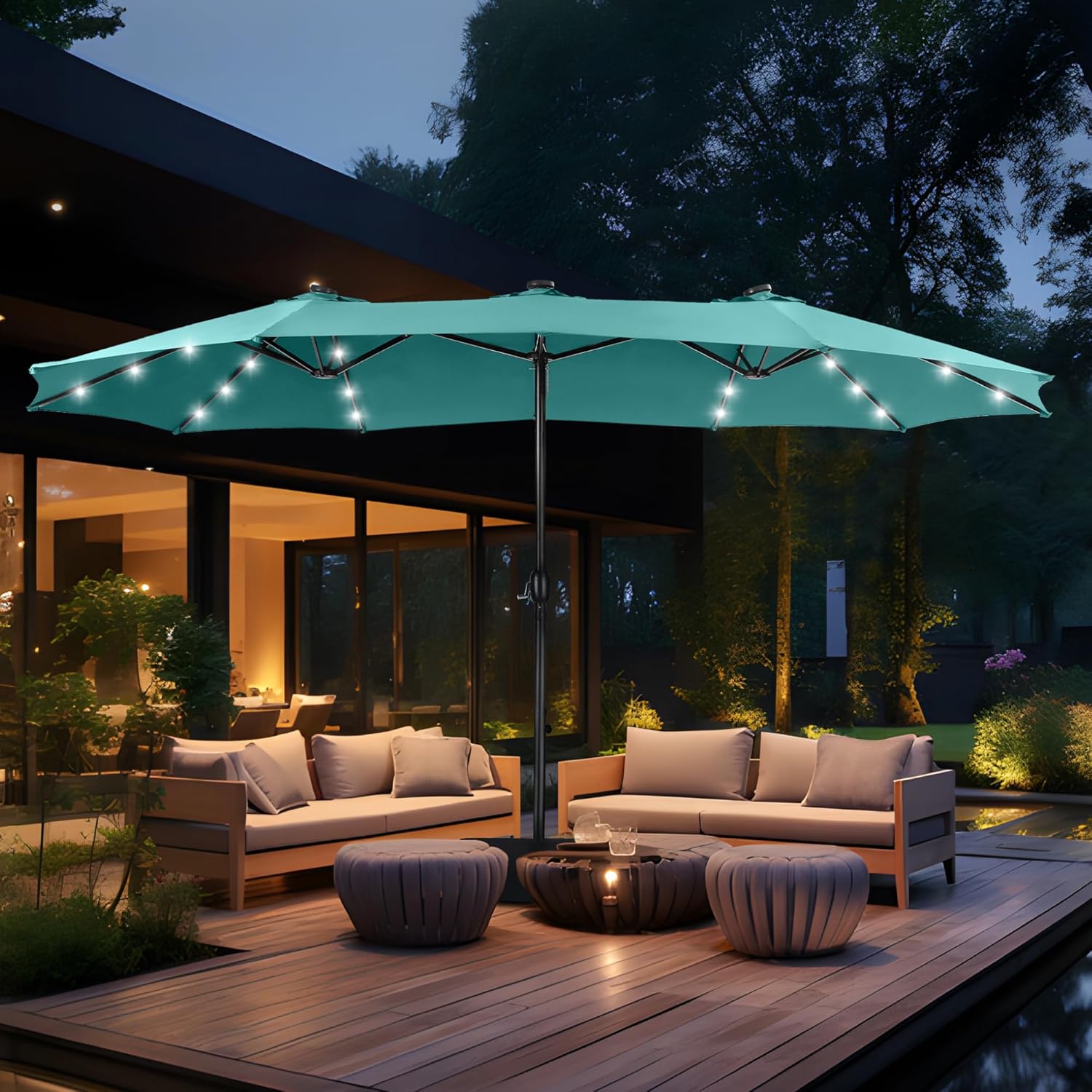 15ft Double Sided Patio Umbrella with Solar Lights, Outdoor Large Umbrellas with Crank Handle and 36 LED Lights, Rectangular Market Umbrella with Base Included for Deck Pool Shade