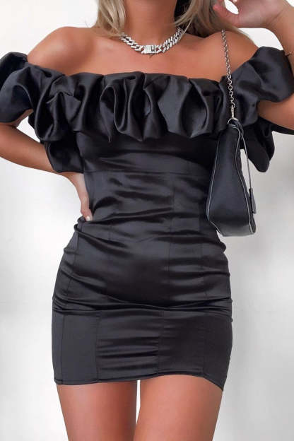Black Satin Ruffle Sleeve Bardot Mini Dress-Fashionmomo.All Rights Reserved