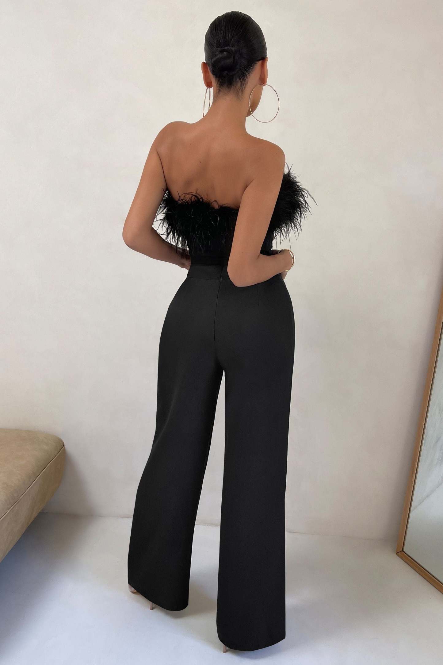 First Class Petite Black Bandeau Feather Wide Leg jumpsuit-Fashionmomo.All Rights Reserved