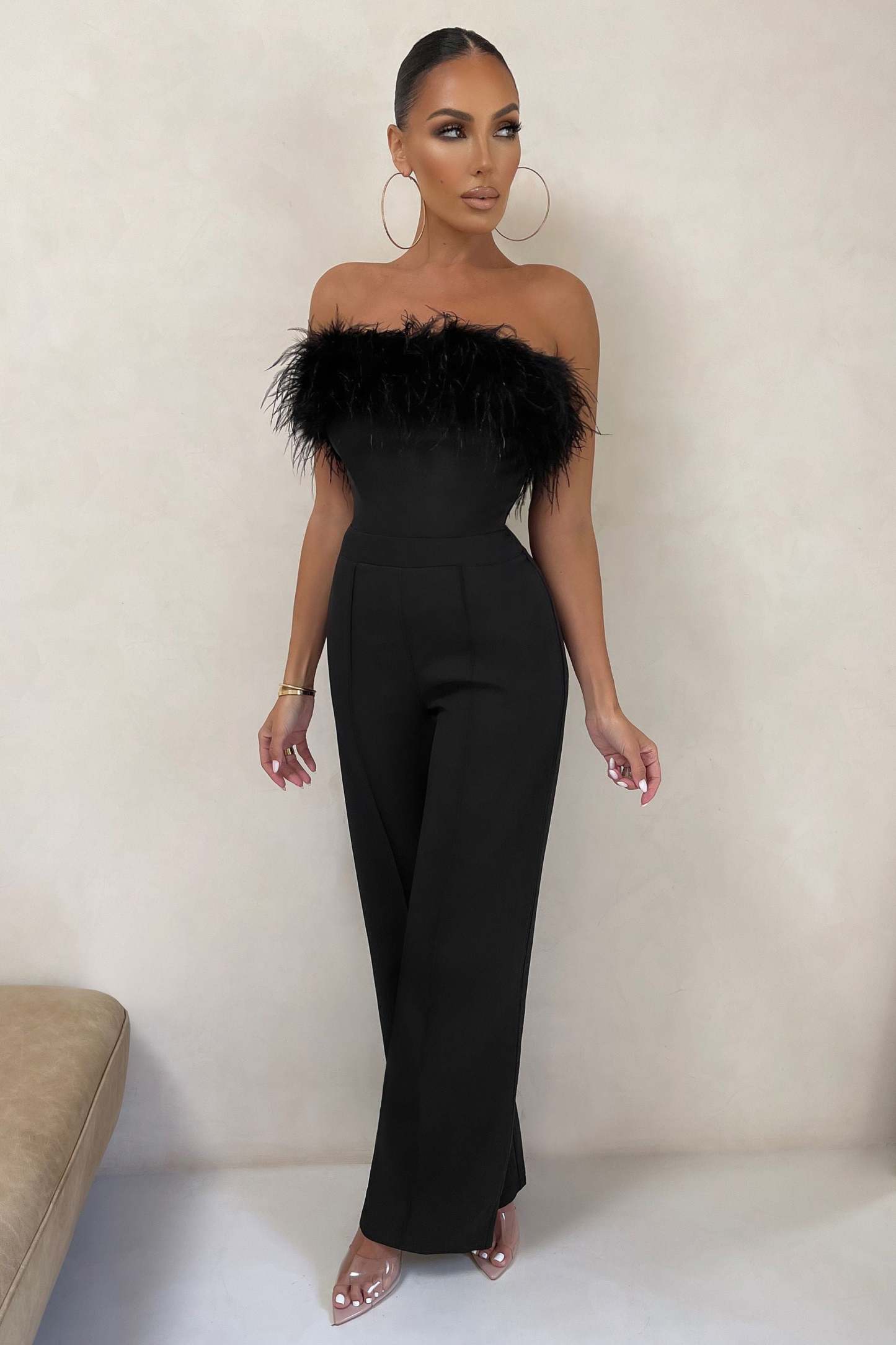 First Class Petite Black Bandeau Feather Wide Leg jumpsuit-Fashionmomo.All Rights Reserved