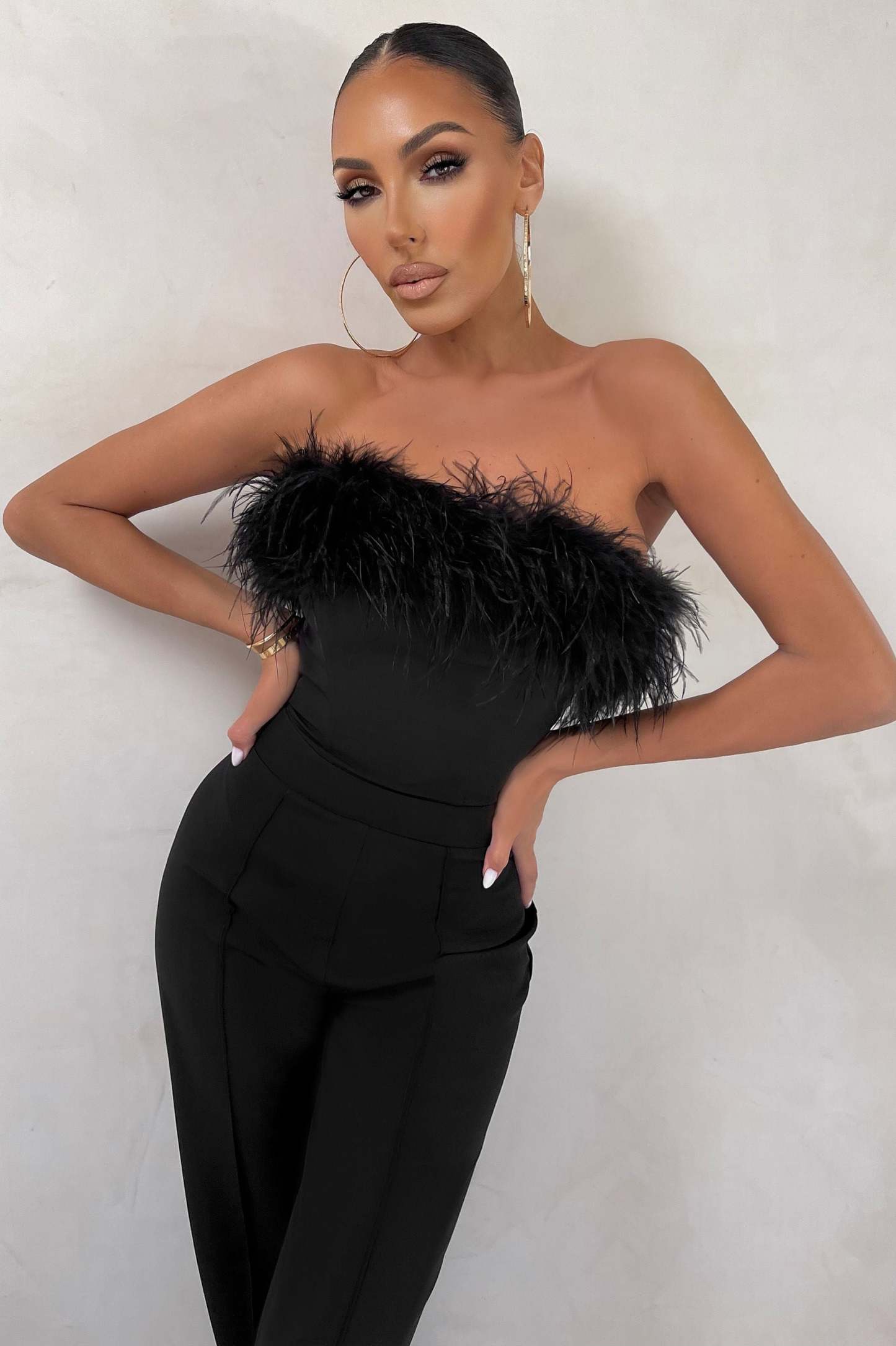 First Class Petite Black Bandeau Feather Wide Leg jumpsuit-Fashionmomo.All Rights Reserved