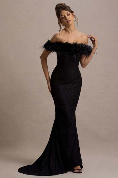 Idyll Black Lace Bardot Feather Fishtail Maxi Dress-Fashionmomo.All Rights Reserved