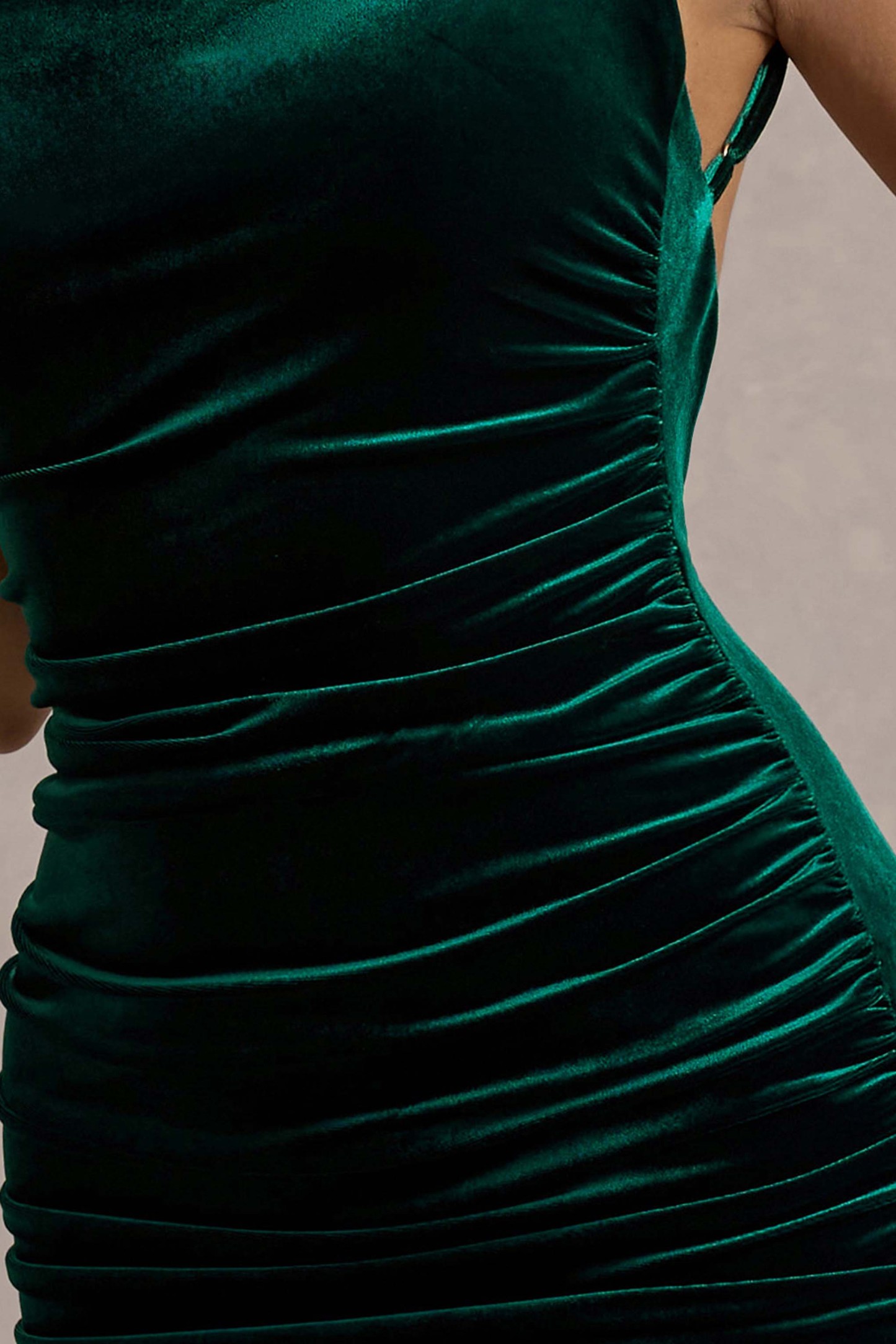 Adele Bottle Green Velvet Ruched Strappy Fishtail Maxi Dress-Fashionmomo.All Rights Reserved