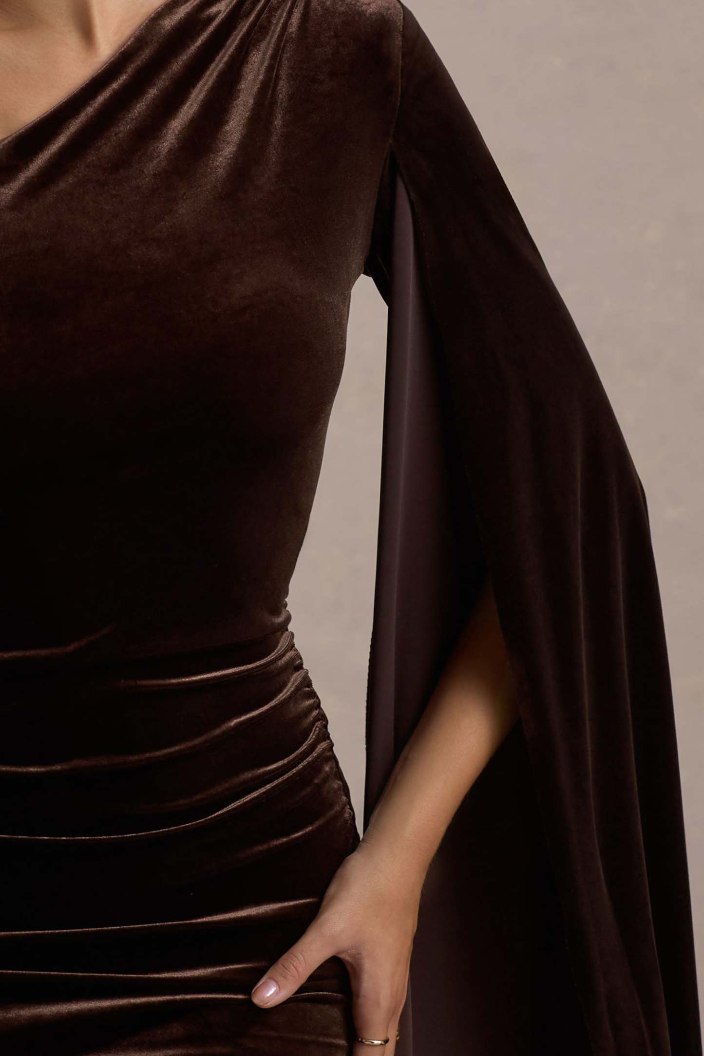 Gianna Chocolate Velvet One Shoulder Cape Bodycon Midi Dress-Fashionmomo.All Rights Reserved