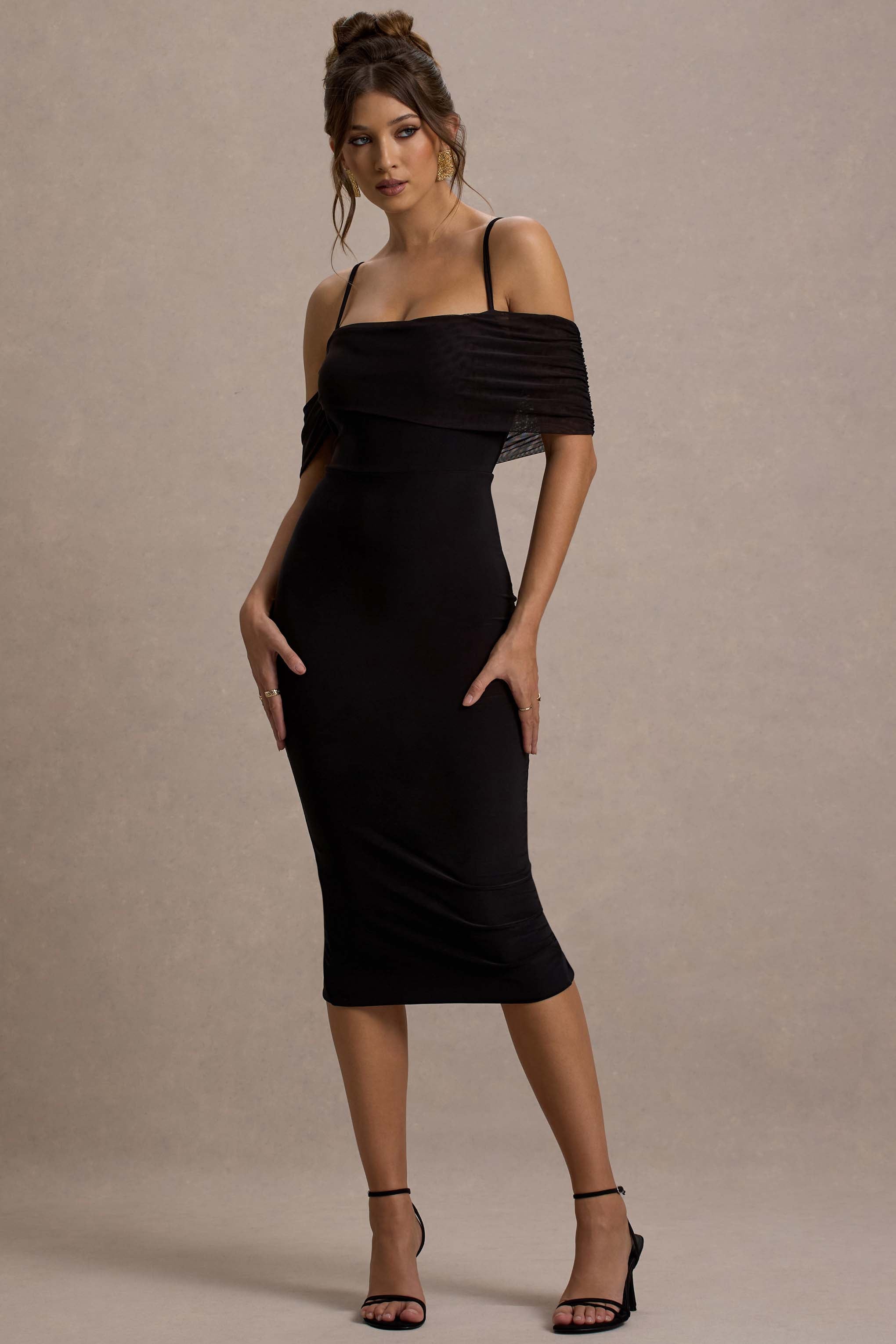 Bethan Black Bodycon Strappy Mesh Bardot Midi Dress-Fashionmomo.All Rights Reserved