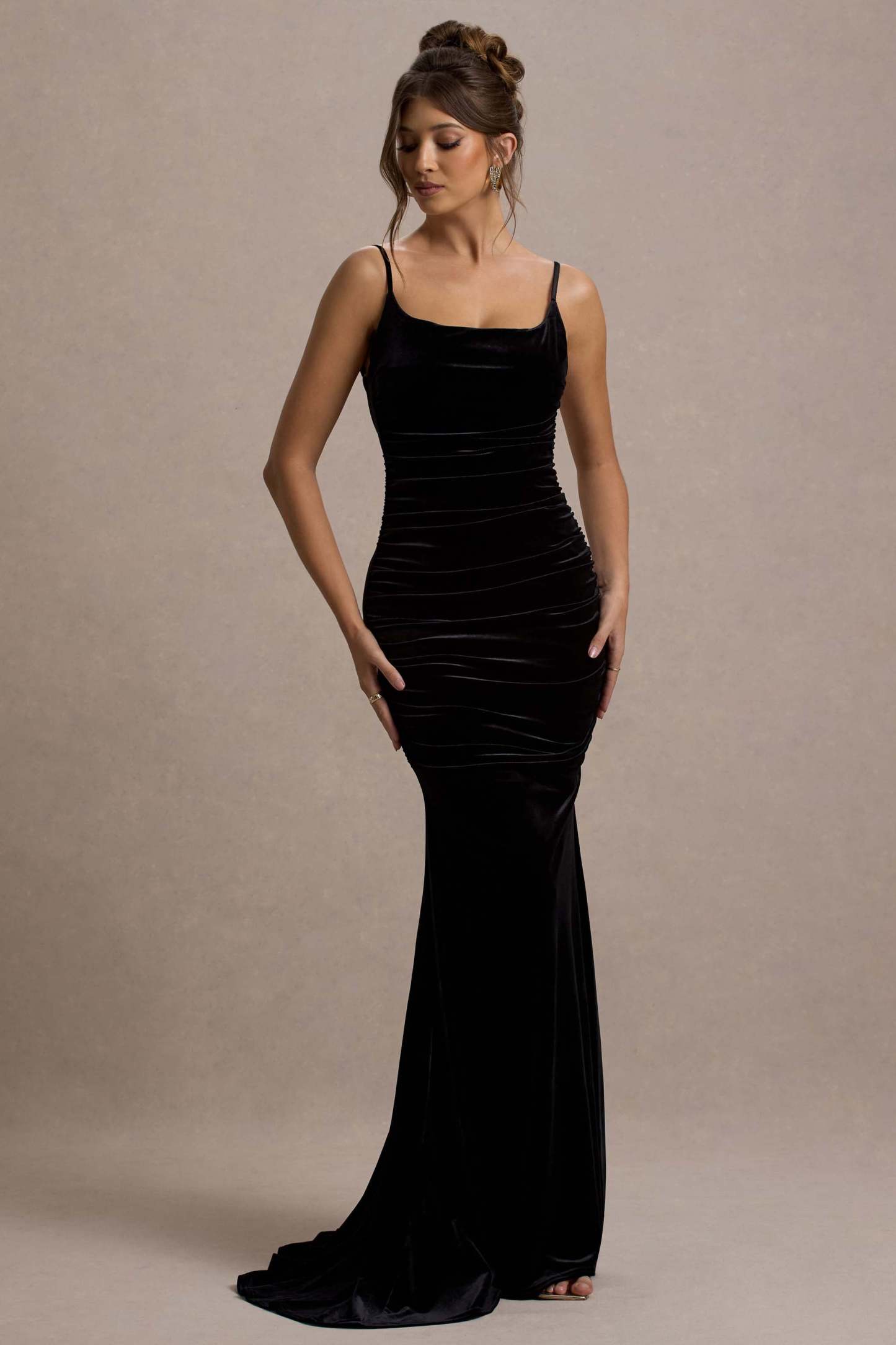 Adele Black Velvet Ruched Strappy Fishtail Maxi Dress-Fashionmomo.All Rights Reserved