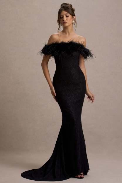 Idyll Black Lace Bardot Feather Fishtail Maxi Dress-Fashionmomo.All Rights Reserved