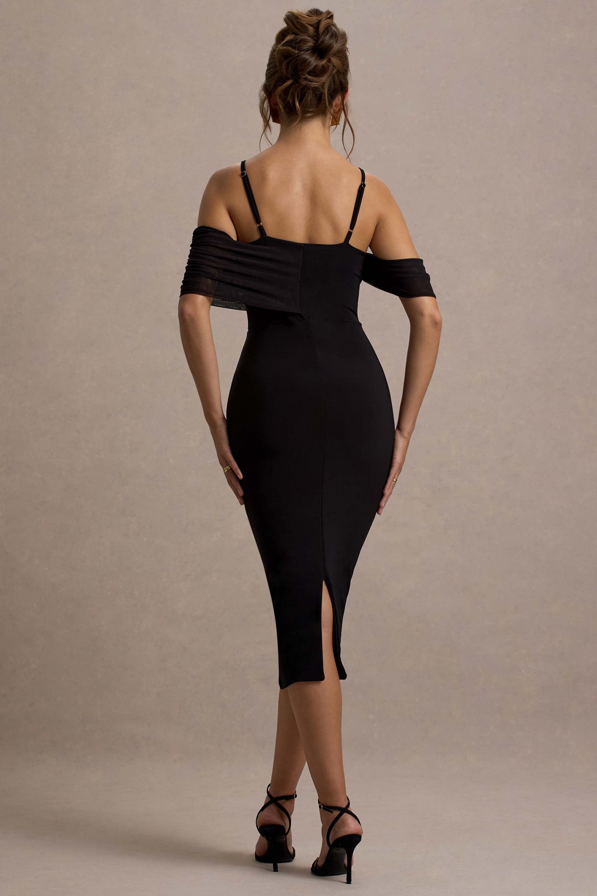 Bethan Black Bodycon Strappy Mesh Bardot Midi Dress-Fashionmomo.All Rights Reserved