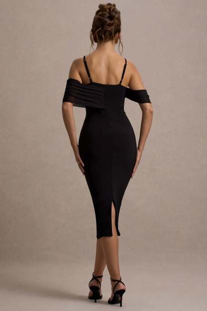 Bethan Black Bodycon Strappy Mesh Bardot Midi Dress-Fashionmomo.All Rights Reserved