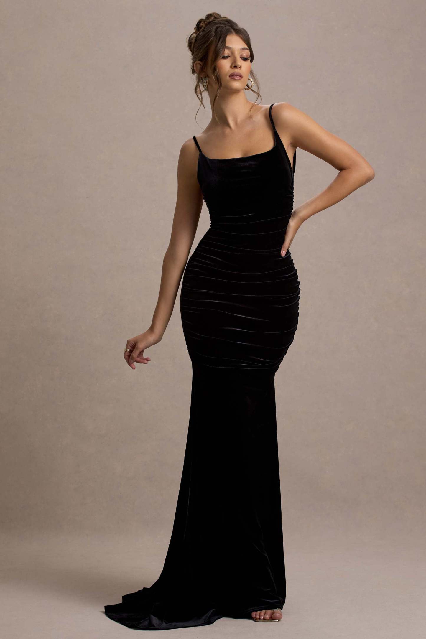 Adele Black Velvet Ruched Strappy Fishtail Maxi Dress-Fashionmomo.All Rights Reserved