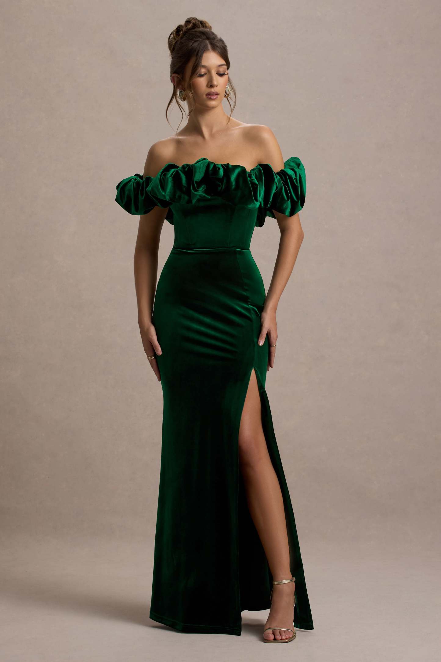 Esmeralda Bottle Green Velvet Structured Ruffled Bardot Maxi Dress-Fashionmomo.All Rights Reserved
