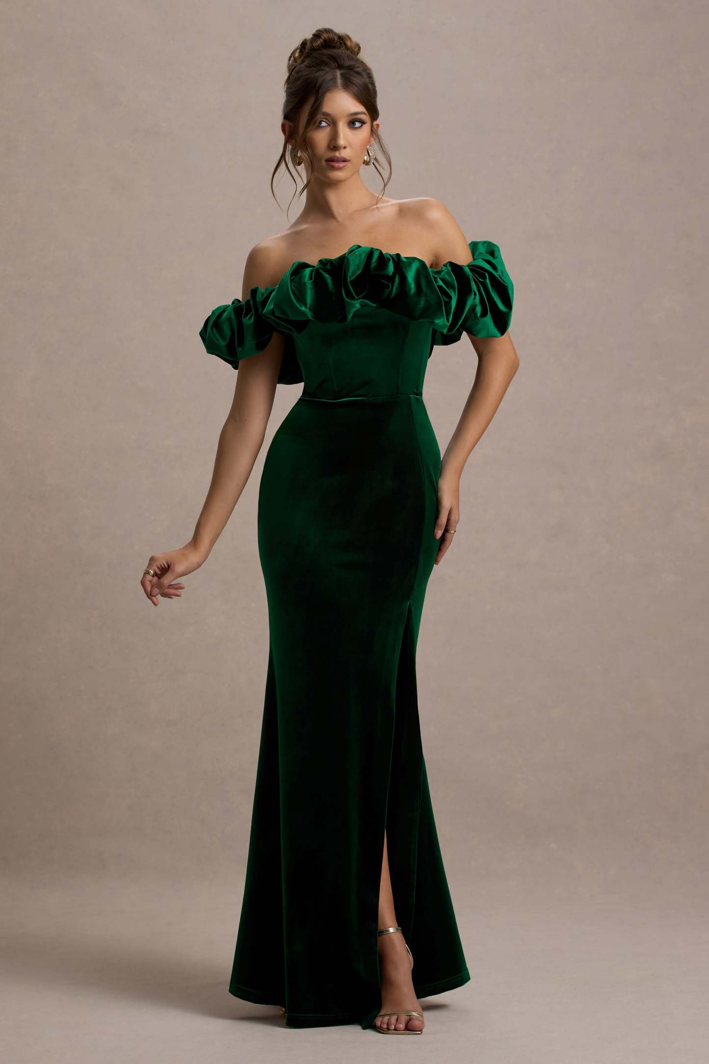 Esmeralda Bottle Green Velvet Structured Ruffled Bardot Maxi Dress-Fashionmomo.All Rights Reserved