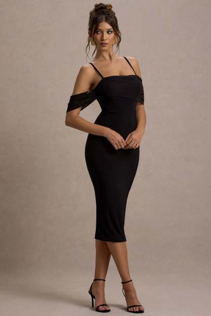 Bethan Black Bodycon Strappy Mesh Bardot Midi Dress-Fashionmomo.All Rights Reserved