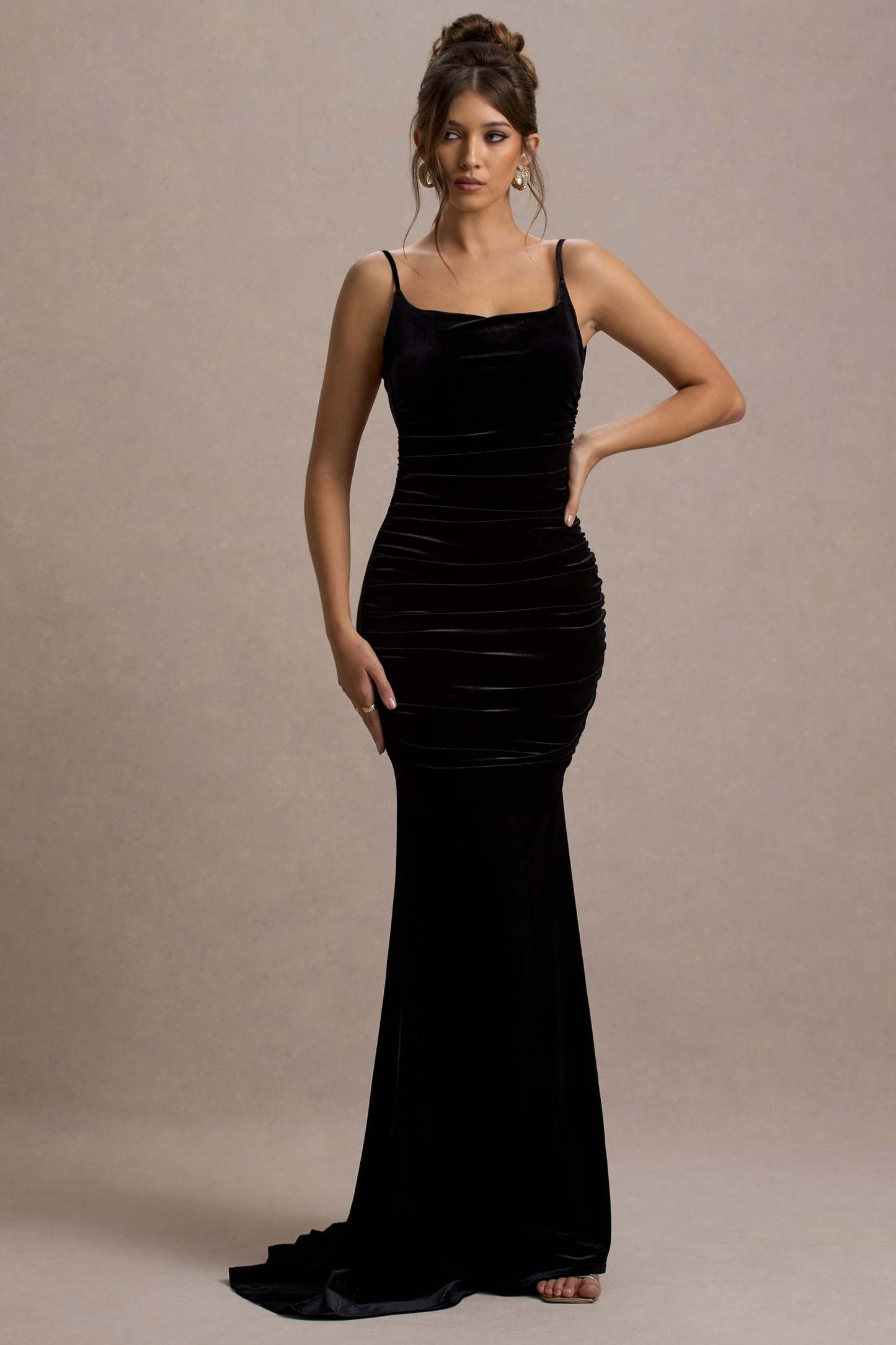 Adele Black Velvet Ruched Strappy Fishtail Maxi Dress-Fashionmomo.All Rights Reserved