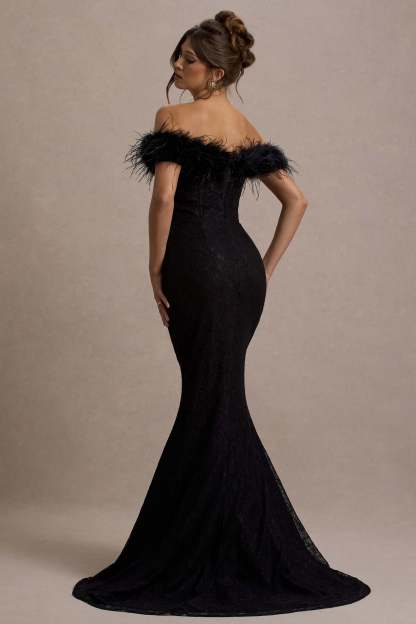 Idyll Black Lace Bardot Feather Fishtail Maxi Dress-Fashionmomo.All Rights Reserved