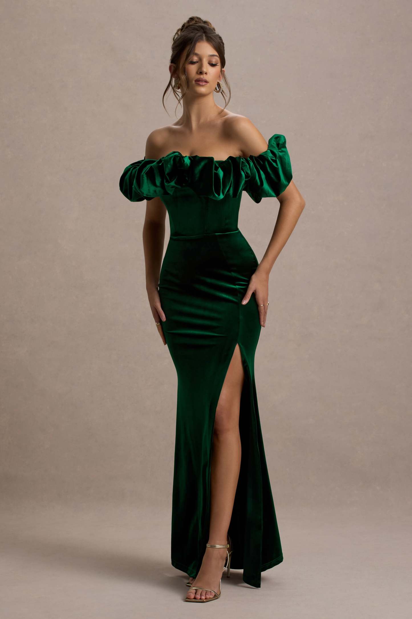 Esmeralda Bottle Green Velvet Structured Ruffled Bardot Maxi Dress-Fashionmomo.All Rights Reserved