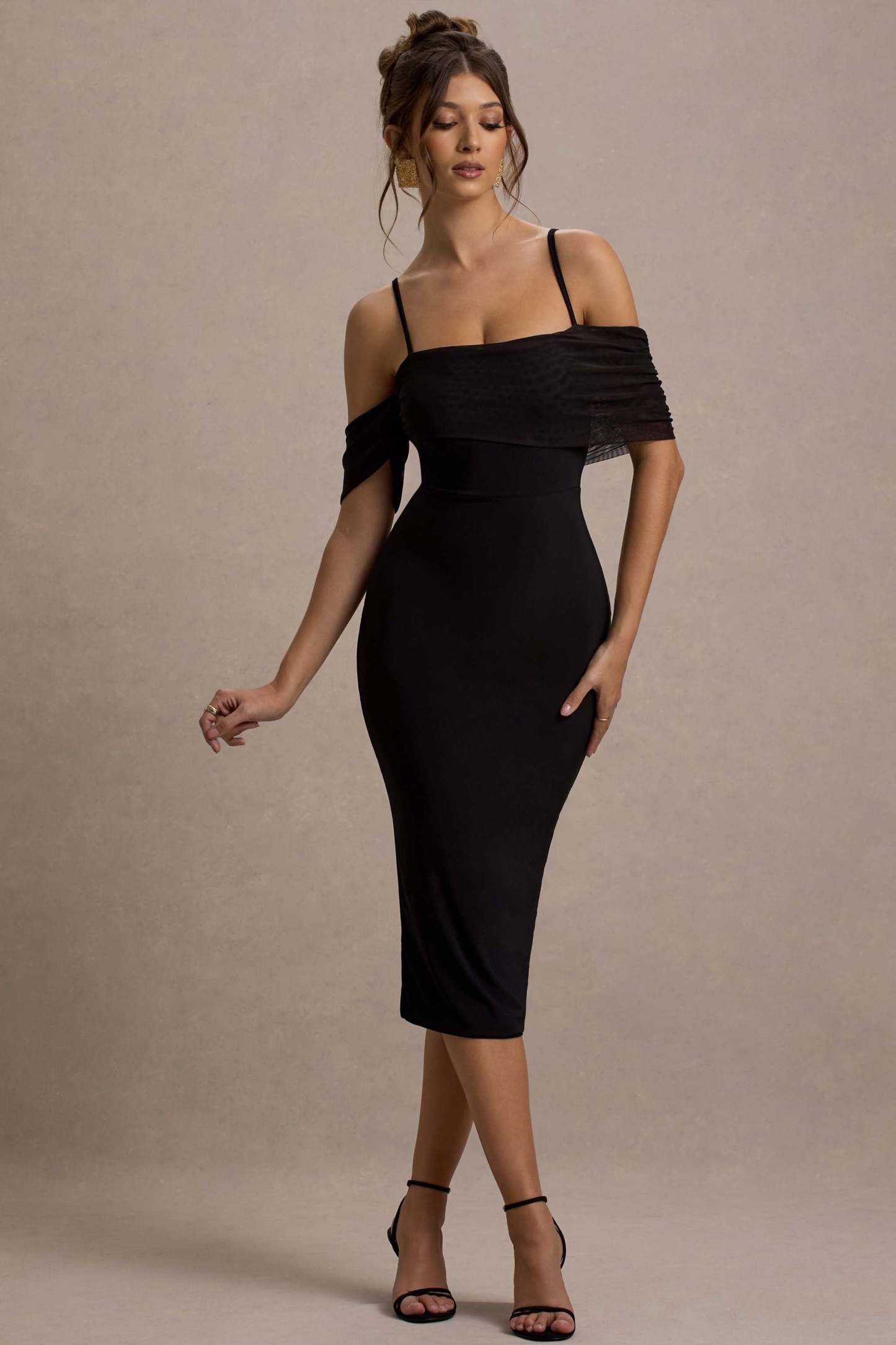 Bethan Black Bodycon Strappy Mesh Bardot Midi Dress-Fashionmomo.All Rights Reserved