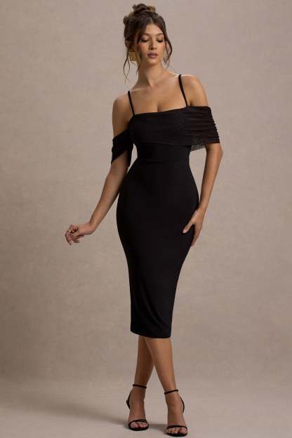 Bethan Black Bodycon Strappy Mesh Bardot Midi Dress-Fashionmomo.All Rights Reserved