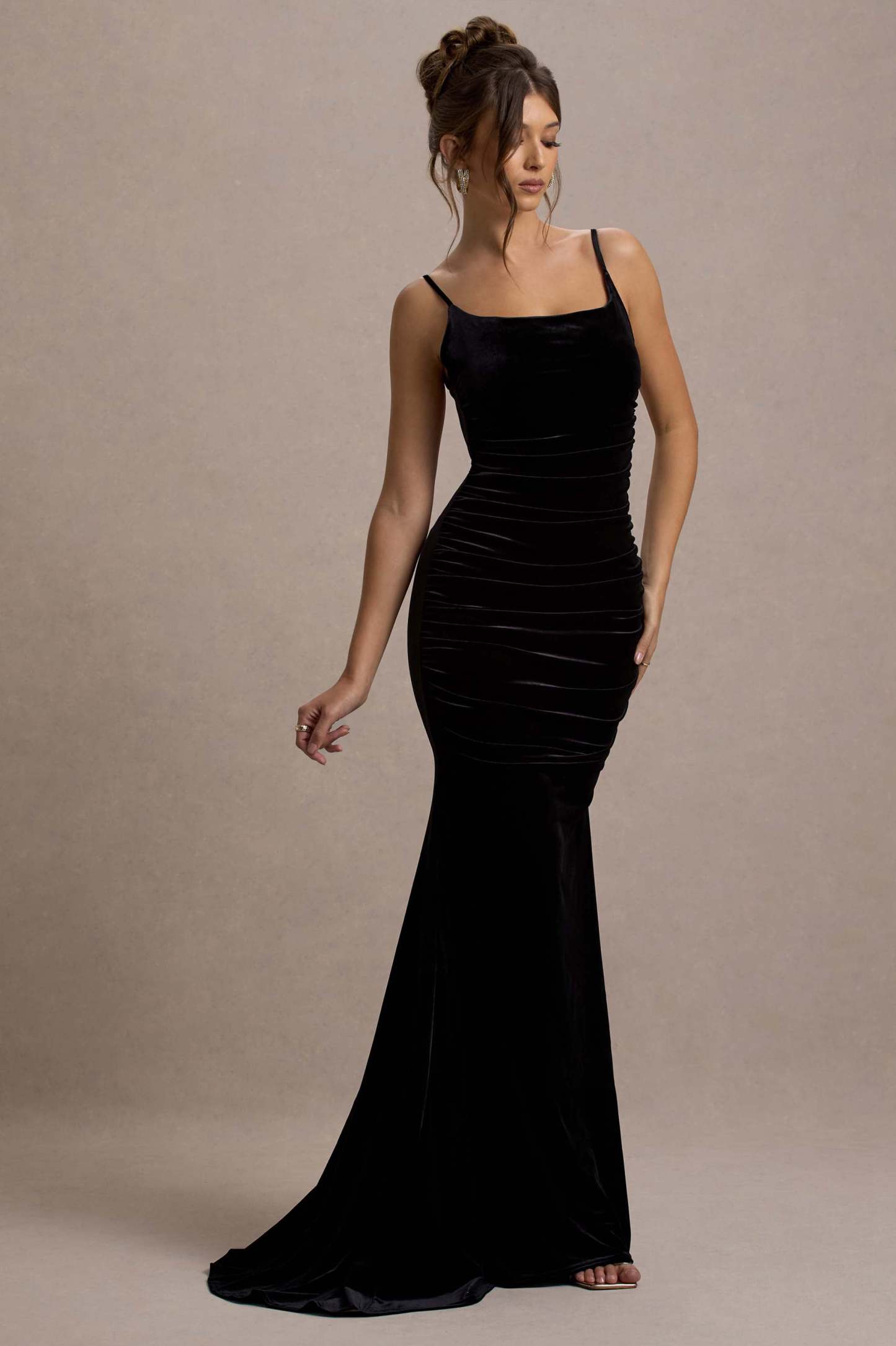 Adele Black Velvet Ruched Strappy Fishtail Maxi Dress-Fashionmomo.All Rights Reserved