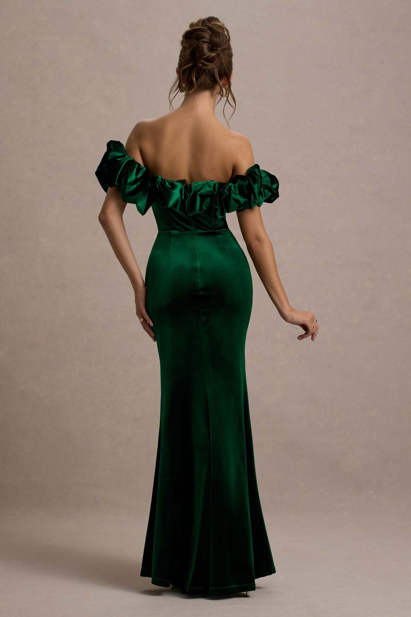 Esmeralda Bottle Green Velvet Structured Ruffled Bardot Maxi Dress-Fashionmomo.All Rights Reserved