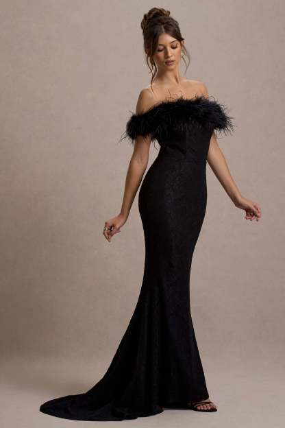 Idyll Black Lace Bardot Feather Fishtail Maxi Dress-Fashionmomo.All Rights Reserved