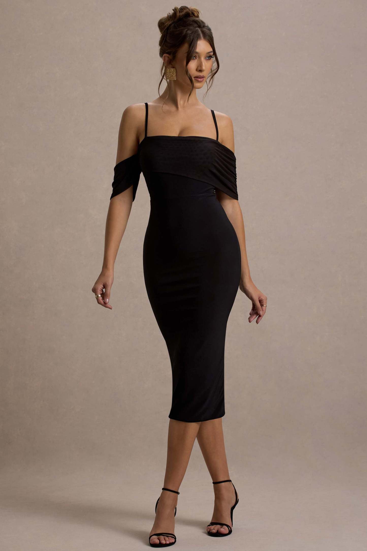 Bethan Black Bodycon Strappy Mesh Bardot Midi Dress-Fashionmomo.All Rights Reserved