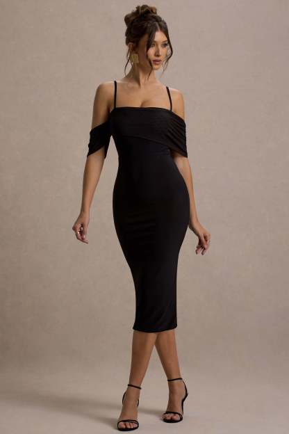 Bethan Black Bodycon Strappy Mesh Bardot Midi Dress-Fashionmomo.All Rights Reserved