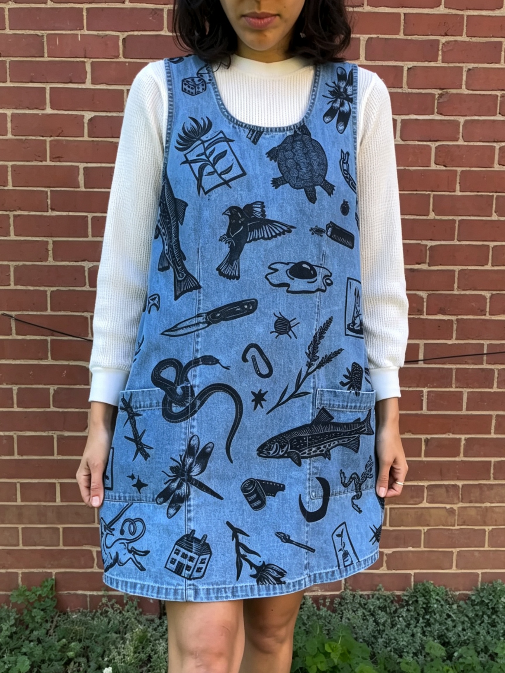 Woodcut Wildlife Print Denim Overall Dress