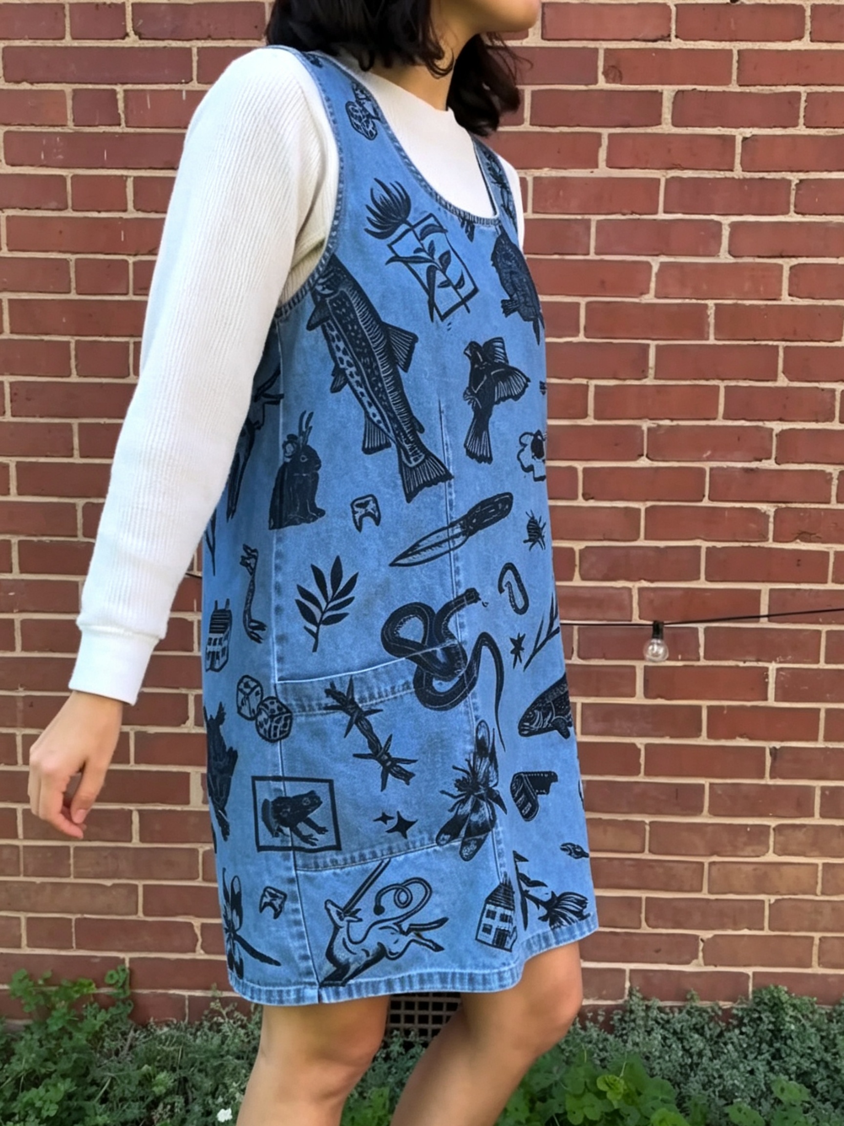 Woodcut Wildlife Print Denim Overall Dress
