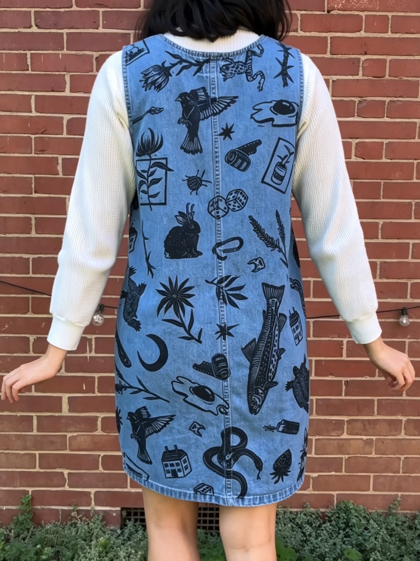 Woodcut Wildlife Print Denim Overall Dress