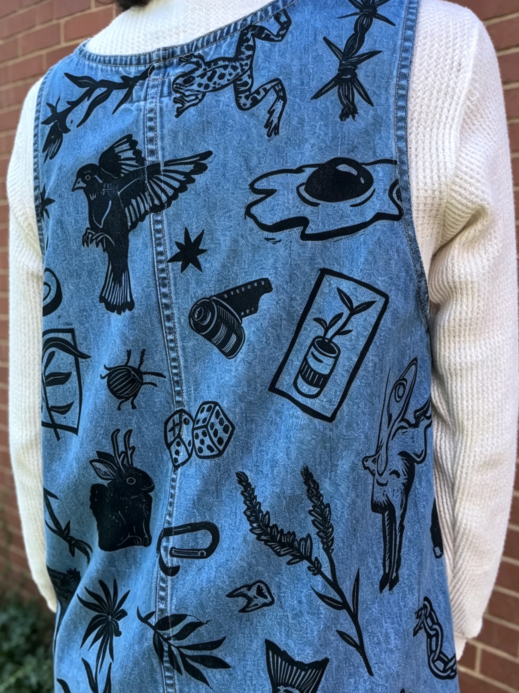 Woodcut Wildlife Print Denim Overall Dress