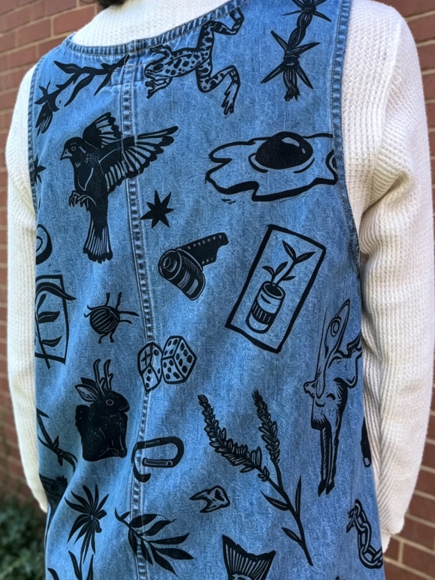 Woodcut Wildlife Print Denim Overall Dress