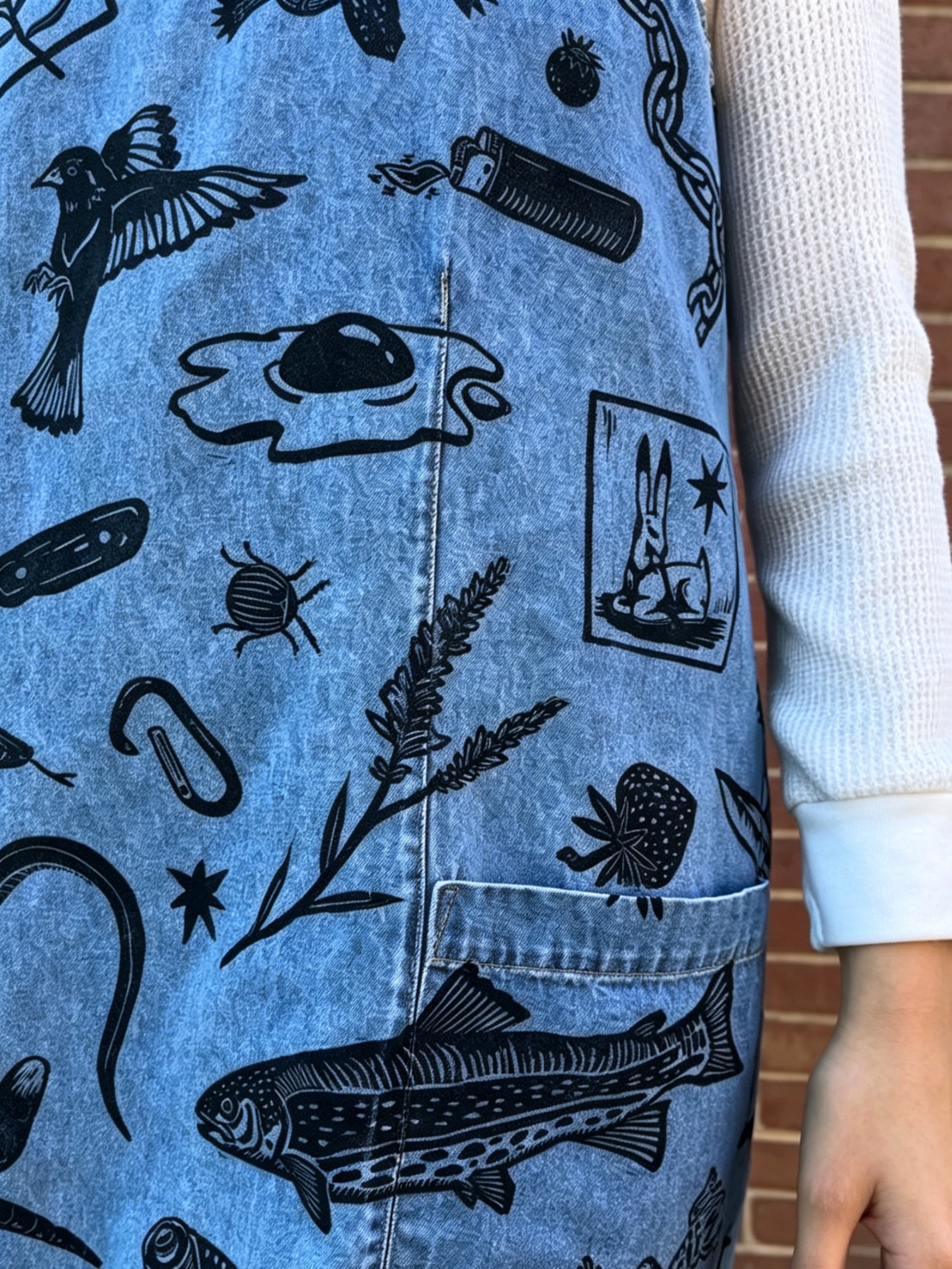 Woodcut Wildlife Print Denim Overall Dress