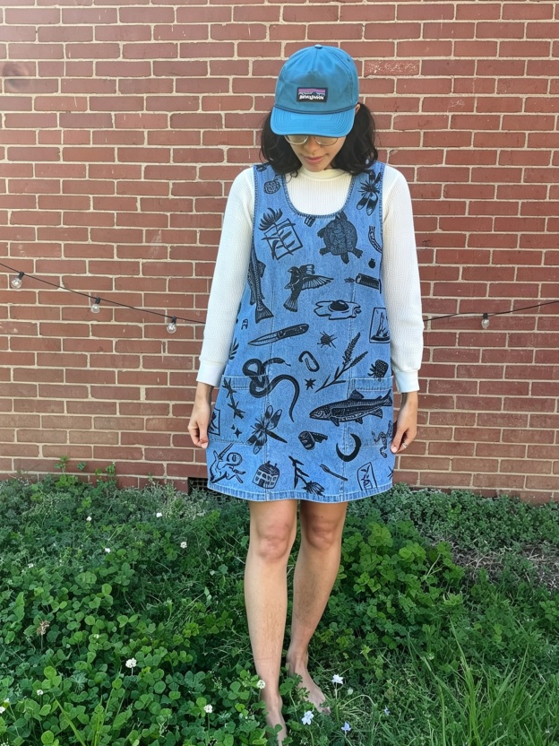 Woodcut Wildlife Print Denim Overall Dress
