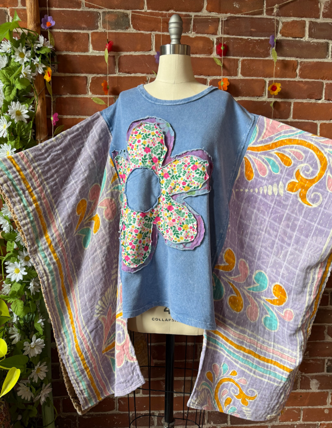 Upcycled floral patchwork Hi Lo Kantha cape top