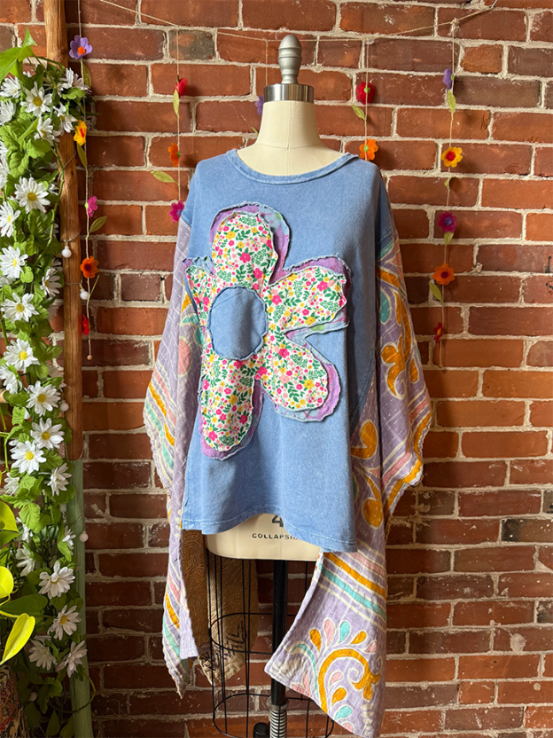 Upcycled floral patchwork Hi Lo Kantha cape top