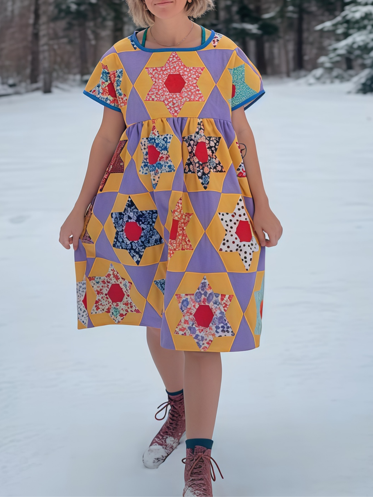 Vintage Quilted Short-Sleeve Dress